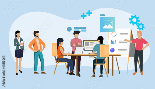 Teamwork concept. Coworking space and people gathering with electronic devices