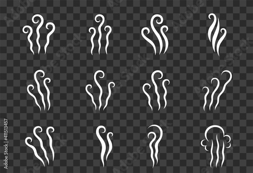 Set of white steam wavy icons of smells, vapor, smoke and fog. Jets of air and the stench of aromas