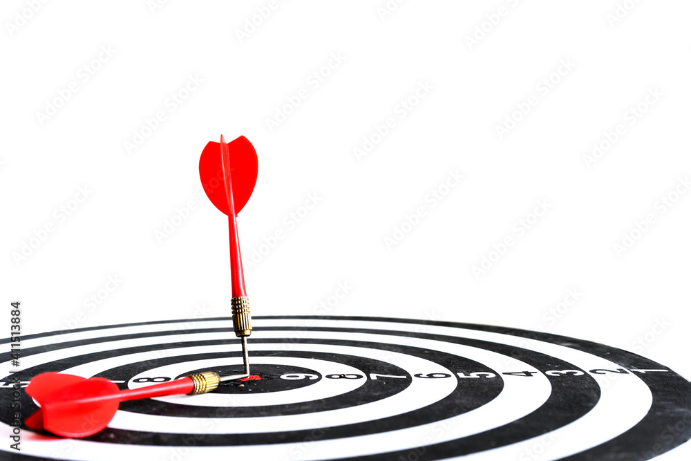 Target hit in the center by arrows. Success goals Targeting the business concept. Target and goal as concept. isolated on white background. Target hit in the center by arrows. Success goals Targeting the business concept. Target and goal as concept. isolated on white background.