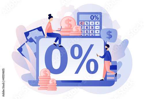 Bank credit concept. Percent, good interest rate, interest-free. Tiny people signing loan agreement online. Finance management. Modern flat cartoon style. Vector illustration on white background