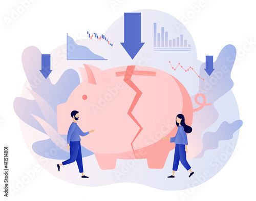 Broken piggy bank as metaphor Business bankruptcy. Economical loan payback problem, investment failure and budget collapse. Financial crisis. Modern flat cartoon style. Vector illustration 