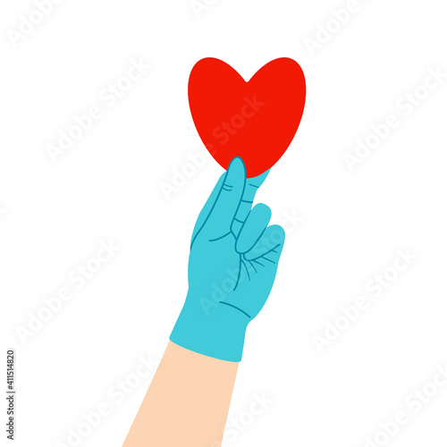 The doctor holds a heart in his hand. Red heartbeat.Health care concept.Vector illustration Isolated on background.Give life.Health protection. A symbol of Valentine's Day during the covid19 pandemic 