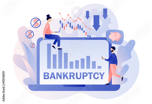 Business bankruptcy. Tiny businessmen with economical loan payback problem, investment failure and budget collapse. Financial crisis. Modern flat cartoon style. Vector illustration on white background
