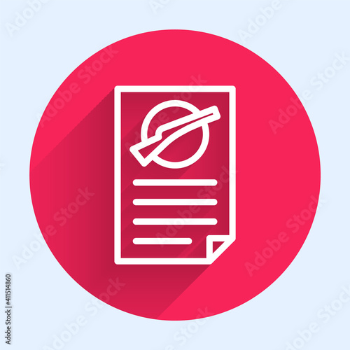 White line Firearms license certificate icon isolated with long shadow. Weapon permit. Red circle button. Vector.