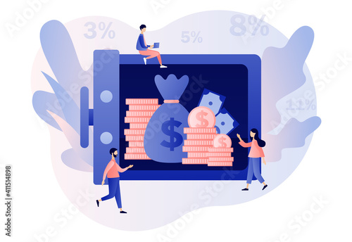 Deposit concept. Tiny people put money in bank safe with dollars. Longterm money saving finance. Bank account, banking, bank security, safety. Modern flat cartoon style. Vector illustration