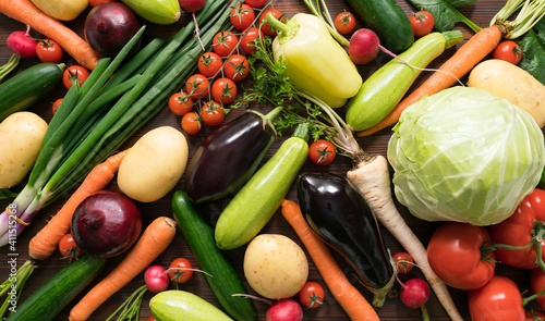 vegetables assortment on dark wooden surface  top view