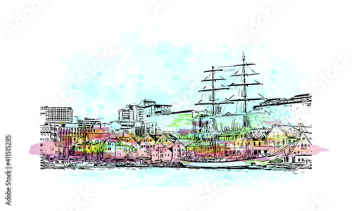 Building view with landmark of Stavanger is a city in southwestern Norway. watercolour splash with hand drawn sketch illustration in vector.