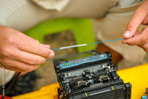Konstfotografi Fiber Optic Fusion Splicing Cable checking signal and Wire connection with Fiber Optic Fusion Splicing machine