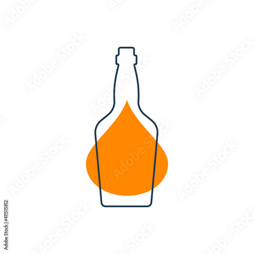 Modern abstract illustration with bottle whiskey with yellow blob. Linear outline sign. Logo illustrationon white background. Contour symbol for decoration design. Simplicity concept