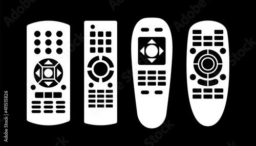 Four remote controls. Technology communication switch button. Program device. Wireless keyboard. Isolated flat illustration on black background. Universal electronic controller