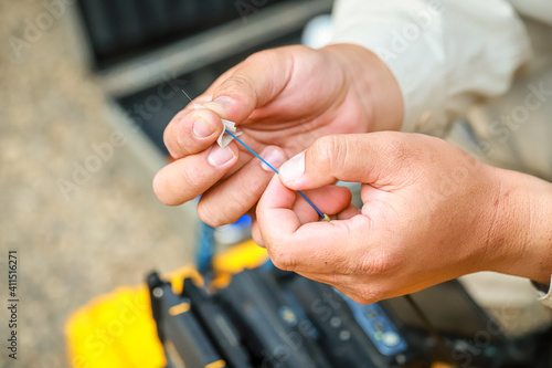 Konstfotografi Fiber Optic Fusion Splicing Cable checking signal and Wire connection with Fiber Optic Fusion Splicing machine
