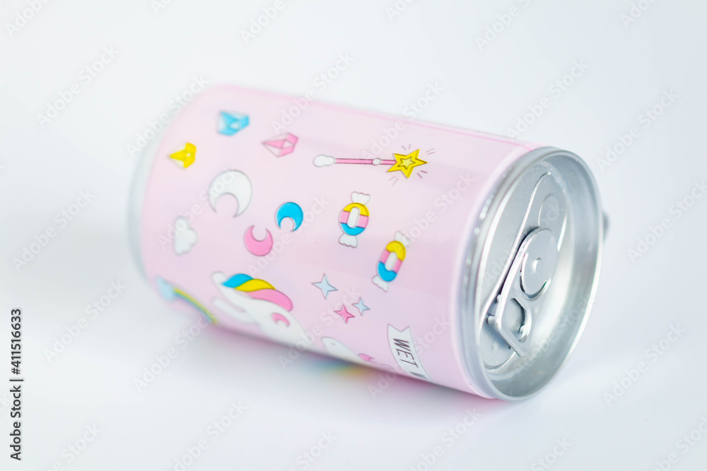 Front and side aluminum soda or beer can. Metallic tin pink beverage can with ring on lid isolated on white background. Front and side aluminum soda or beer can. Metallic tin pink beverage can with ring on lid isolated on white background.
