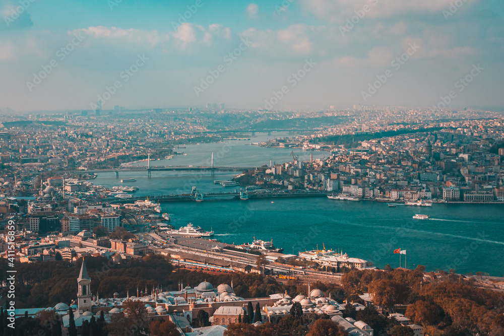 Istanbul Golden Horn and Topkapi Palace from sky