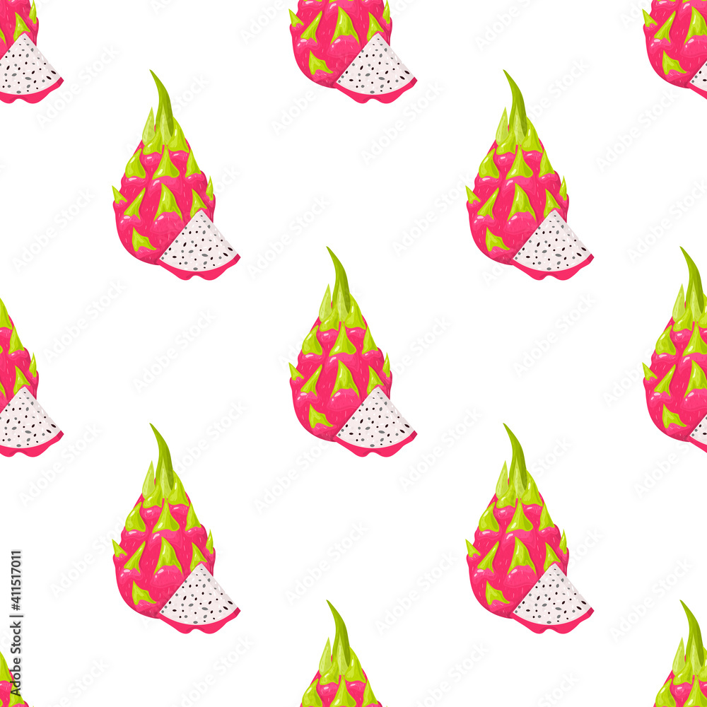 Seamless pattern with fresh whole and cut slice red pitaya fruits isolated on white background. Summer fruits for healthy lifestyle. Organic fruit. Cartoon style. Vector illustration for any design.