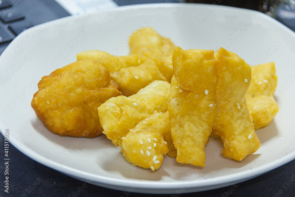 Fried Patongko placed in a white plate, breakfast food Fried Patongko placed in a white plate, breakfast food
