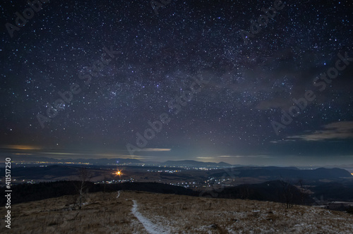 Beautiful starry sky in the Ukrainian mountain village © onyx124