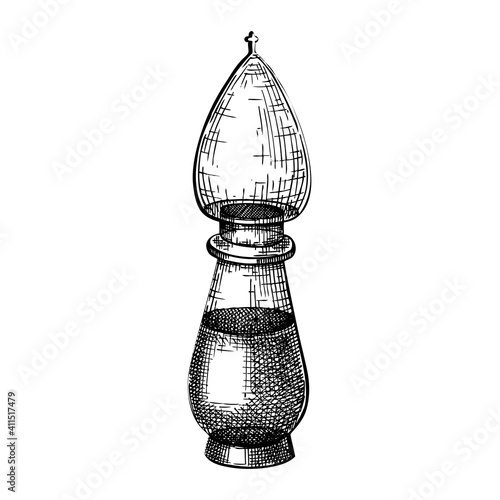 Hand sketched glass bottle in vintage style. Glassware drawing for alchemy, medicine, cosmetics or perfume. Alchemy laboratory equipment sketch. Magic lab tools