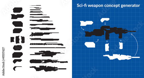 Sci-fi weapon concept generator with sample weapon on blueprint