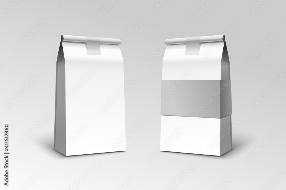 Coffee bag or product package vector mockup. White paper pack with label for branding or advertising Coffee bag or product package vector mockup. White paper pack with label for branding or advertising