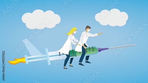 Health care people flying on rocket syringe. Vector illustration. EPS10.
