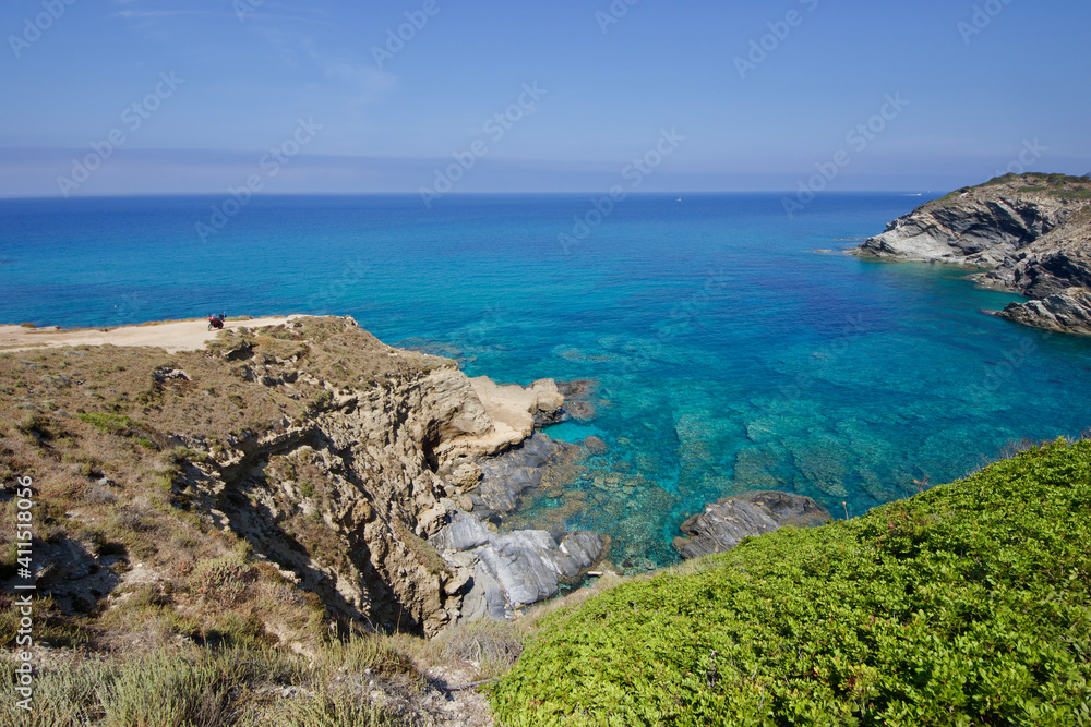 Panoramic view of the amazing sea water of Sardinian bay, la frana beach, Argentiera, Italy 