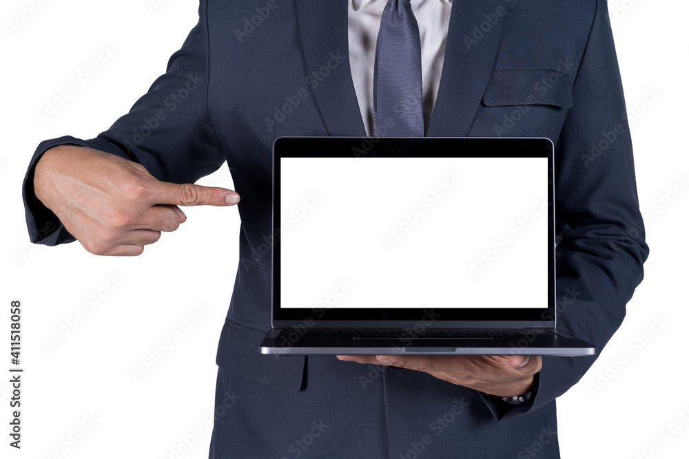 Middle section of a businessman holding laptop with a white empty screen on white isolated background. Businessman holding a laptop, isolated on white background Middle section of a businessman holding laptop with a white empty screen on white isolated background. Businessman holding a laptop, isolated on white background