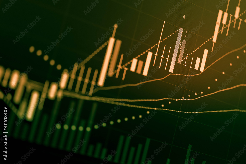 Naklejka premium Candlestick chart in financial stock market on digital number background. Forex trading graphic design and Stock market trading trend as concept. 