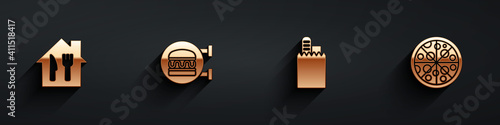 Set Online ordering and delivery, burger, and Pizza icon with long shadow. Vector.