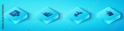 Set Isometric Online ordering and delivery, Paper glass burger, and Scooter icon. Vector.