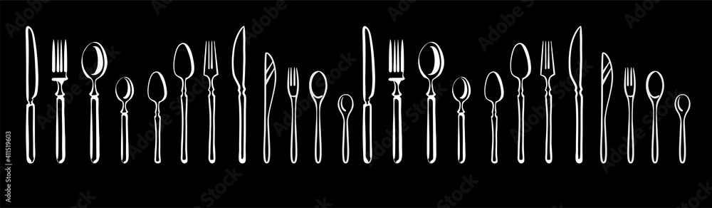 A frame of forks, spoons, knives, and cutlery. Banner design for a cook. Illustration in chalk on a blackboard. A frame of forks, spoons, knives, and cutlery. Banner design for a cook. Illustration in chalk on a blackboard.