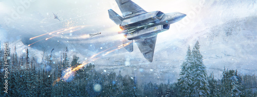 Bitwa powietrzna dwóch fantastycznych samolotów na niebie w zimowym górskim krajobrazie. Cyfrowa farba, ilustracja rastrowa.