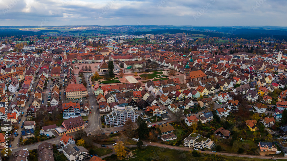 Aerial view of the old town of the city Freudenstadt in Germany in the Black forest