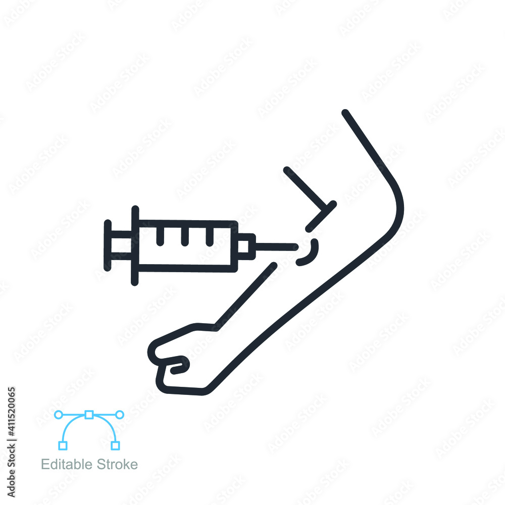 Vaccine and Vaccination in the hand line icon. Covid-19, Neurotoxin injection. Vaccination Treatment against coronavirus pandemic Editable stroke. Vector illustration design on white background EPS 10 Vaccine and Vaccination in the hand line icon. Covid-19, Neurotoxin injection. Vaccination Treatment against coronavirus pandemic Editable stroke. Vector illustration design on white background EPS 10