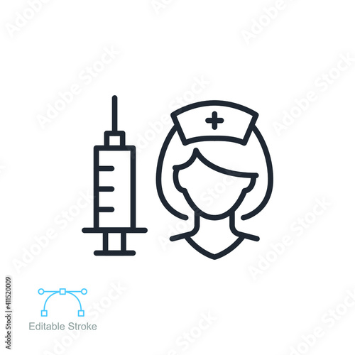 Vaccine and Vaccination Nurse, vaccine line icon for coronavirus, influenza, measles, diphtheria, rabies. injection, shot, medical  Editable stroke vector illustration design on white background EPS10