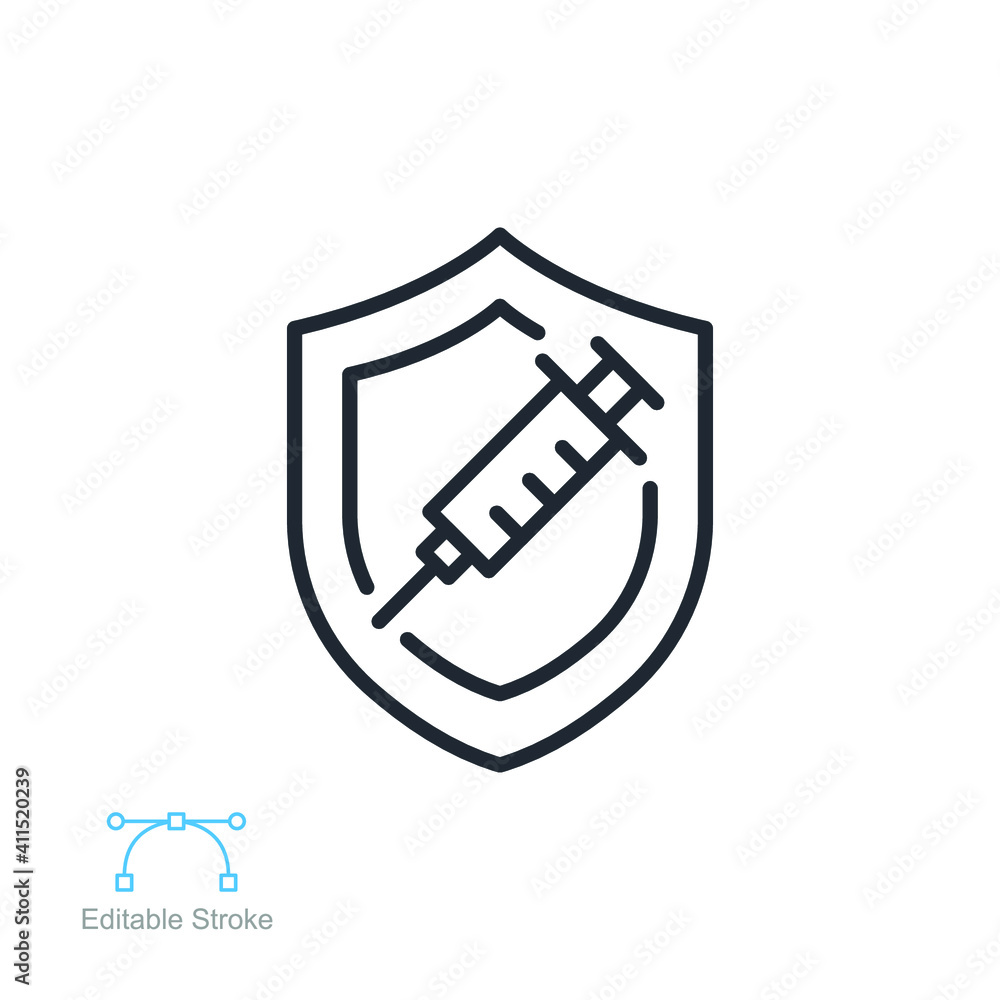 Vaccine and Vaccination against virus line icon. Medical Syringe Immunization badge, Drugs prohibition, needle, Stop corona virus. Editable stroke vector illustration design on white background EPS 10 Vaccine and Vaccination against virus line icon. Medical Syringe Immunization badge, Drugs prohibition, needle, Stop corona virus. Editable stroke vector illustration design on white background EPS 10