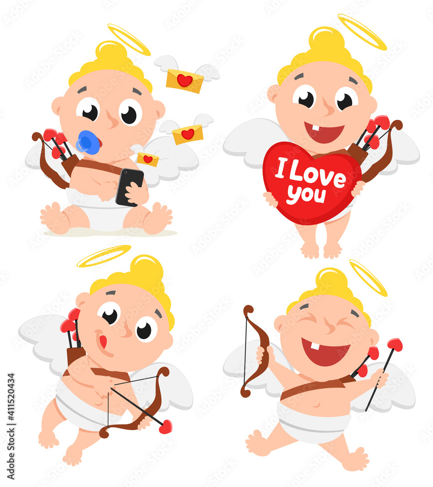 Cupids set sits, flies, aims. Character, Valentines Day Cupids set sits, flies, aims. Character, Valentines Day