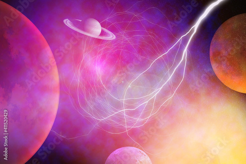 travelling throuh the space - Purple Planet, Saturn and Universe. Esoteric concept. Science and futuristic background photo