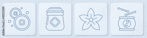 Set line Chinese Yuan currency, Lotus flower, Jar of honey and Chinese drum. White square button. Vector.