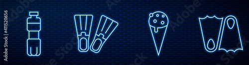 Set line Ice cream in waffle cone, Bottle of water, Rubber flippers, Rubber flippers and Travel ticket. Glowing neon icon on brick wall. Vector.