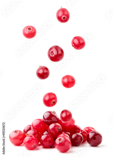Cranberries fall on a pile on a white background, levitating cranberries. Isolated photo