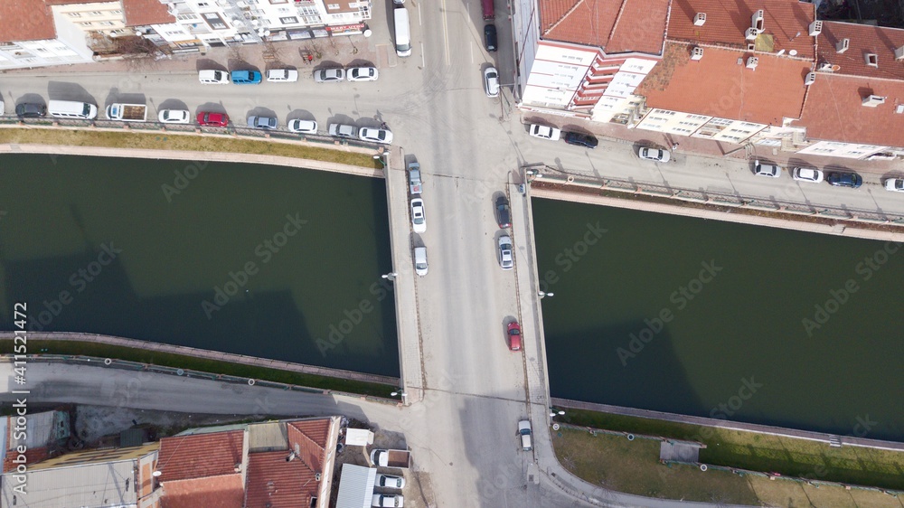 aerial view of the inner city road on the river. the streets are empty because of the quarantine.