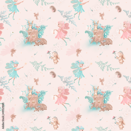 Fabulous fairies seamless repeating tile pattern on beige background. Flowers and leaves vintage illustration 