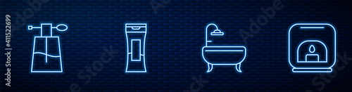 Set line Bathtub, Perfume, Bottle of shampoo and Aroma lamp. Glowing neon icon on brick wall. Vector.