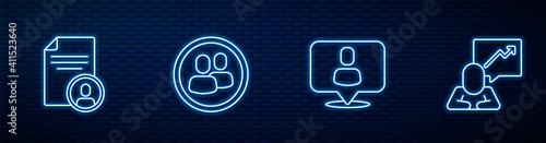 Set line Head hunting, Resume, Project team base and Team leader. Glowing neon icon on brick wall. Vector.