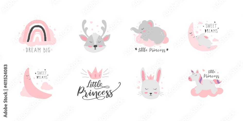 Cute posters with rainbow, moon, unicorn, elephant, rabbit and deer vector for baby room, greeting card, kids and baby t-shirt. Little princess and cute animal hand drawn for nursery Cute posters with rainbow, moon, unicorn, elephant, rabbit and deer vector for baby room, greeting card, kids and baby t-shirt. Little princess and cute animal hand drawn for nursery
