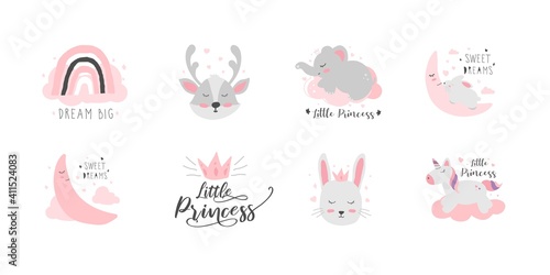 Cute posters with rainbow, moon, unicorn, elephant, rabbit and deer vector for baby room, greeting card, kids and baby t-shirt. Little princess and cute animal hand drawn for nursery