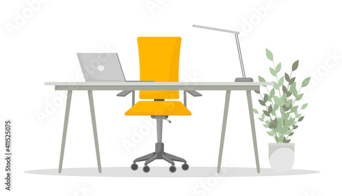 Modern office place, great design for any purposes. Background vector illustration. Flat cartoon vector illustration. Room interior. Home workplace. Office furniture.