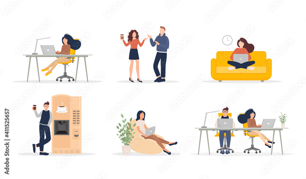 Coworking space illustration. Business people teamwork. Vector flat design. Business people office work. Remote work. Coworking space illustration. Business people teamwork. Vector flat design. Business people office work. Remote work.