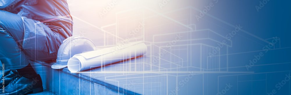 Panoramic banner of Engineer, blueprint and helmet with construction ...