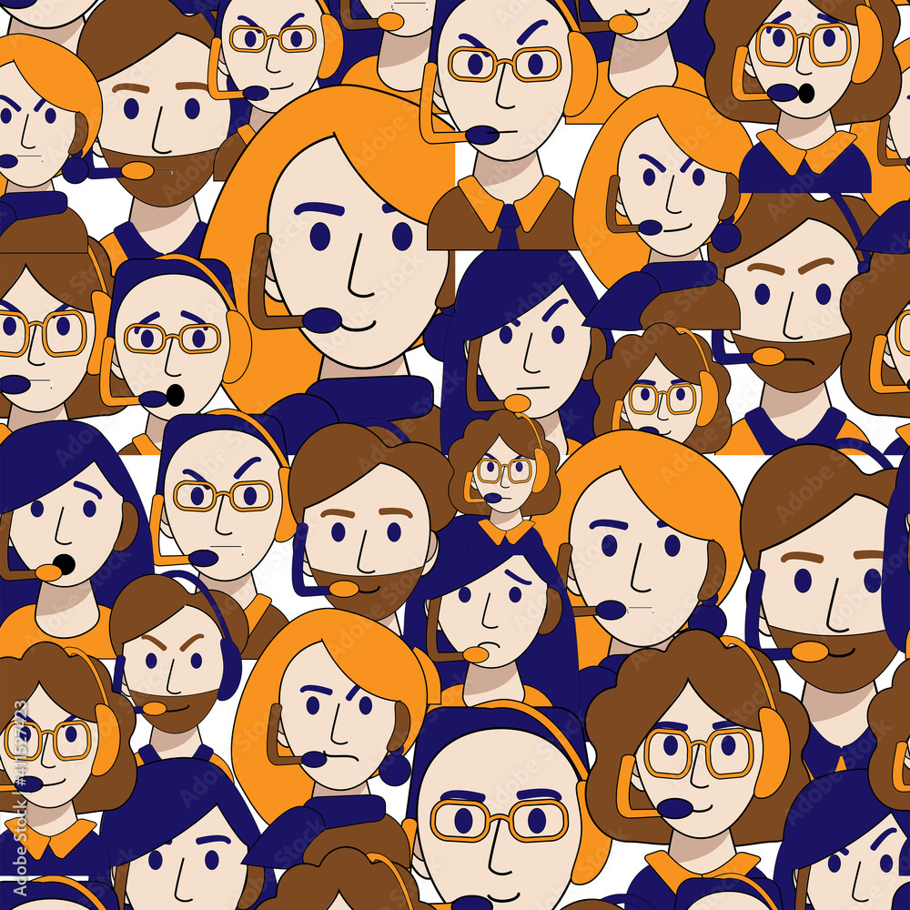 Seamless vector pattern of human call center operators. Crowd of people behind laptops seamless background. Pattern with men and women with different emotions. Seamless vector pattern of human call center operators. Crowd of people behind laptops seamless background. Pattern with men and women with different emotions.